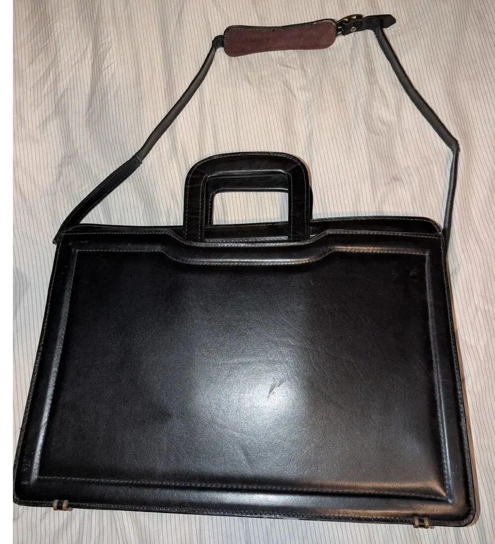 Vintage Thick Leather Attache Case Multi Compartments 17x12 Black